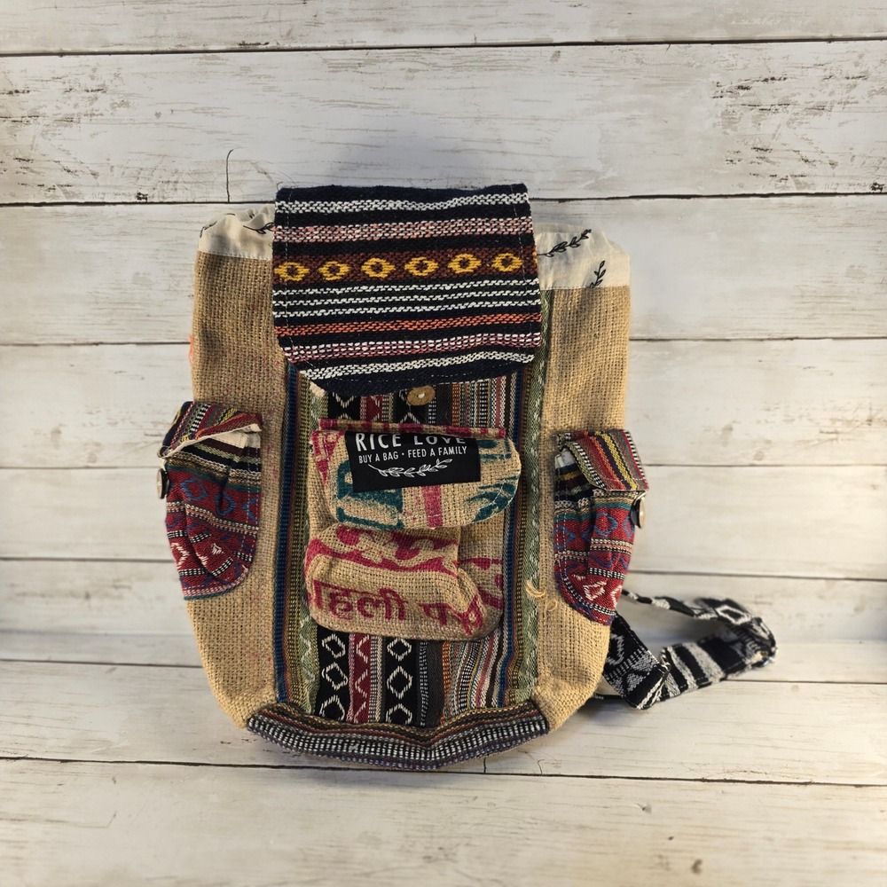 Rice Love Boho Patchwork Burlap Backpack Handmade Woven Multi Color India Bag